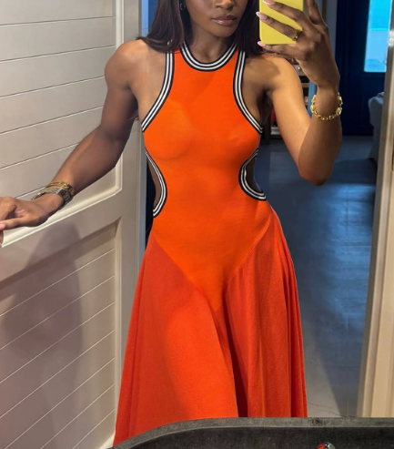 Cutout Contrast Color Irregular Striped Cotton-blend Gown