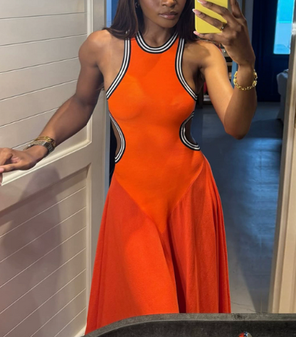 Cutout Contrast Color Irregular Striped Cotton-blend Gown