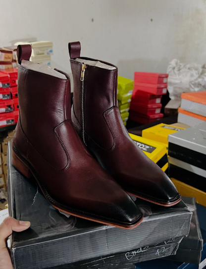 Thin Square Toe Side Zipper Chunky Heel Short Boots