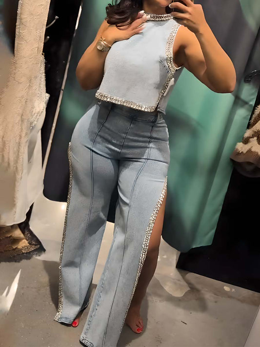 Rhinestone Denim Two Pieces Set
