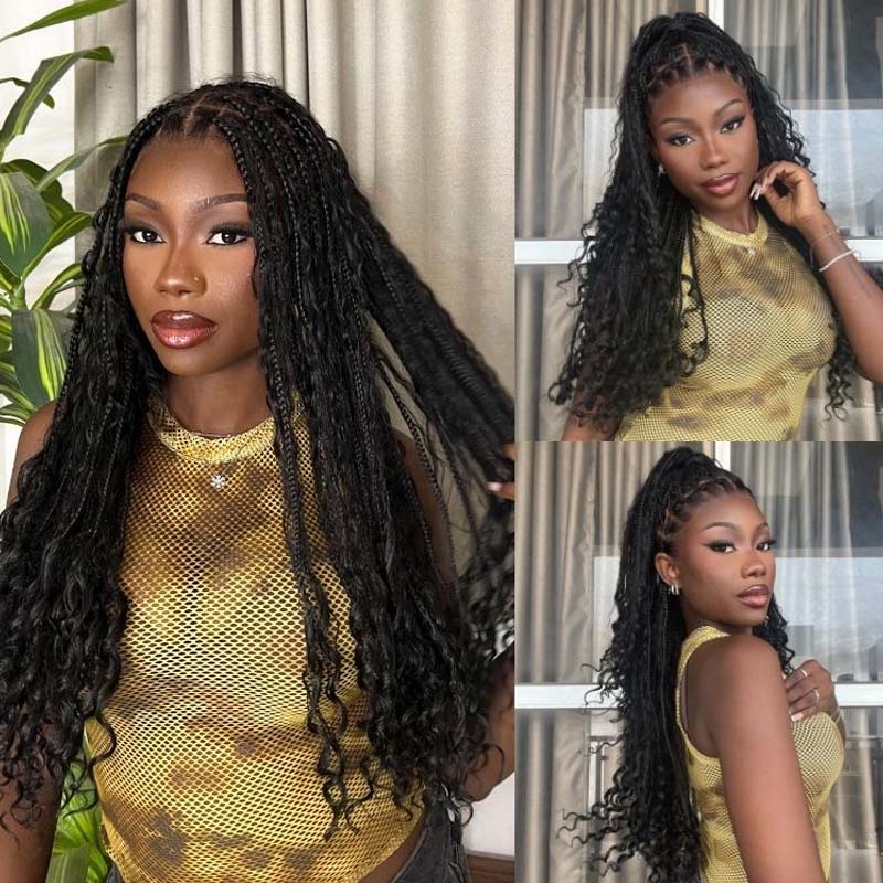 Flexi-Fit Invisi Drawstring Cap Full Lace Knotless Boho Curls Braided Long Wig Super Natural Scalp