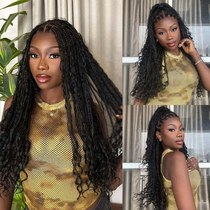 Flexi-Fit Invisi Drawstring Cap Full Lace Knotless Boho Curls Braided Long Wig Super Natural Scalp