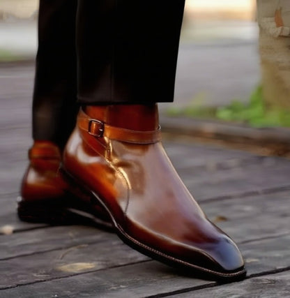 Handmade Men's Leather Cognac Patina Ankle High Stylish Shoes Boots