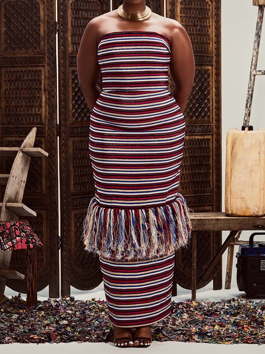 Striped Print Strapless Tassel Dress