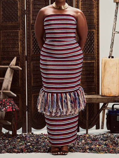 Striped Print Strapless Tassel Dress
