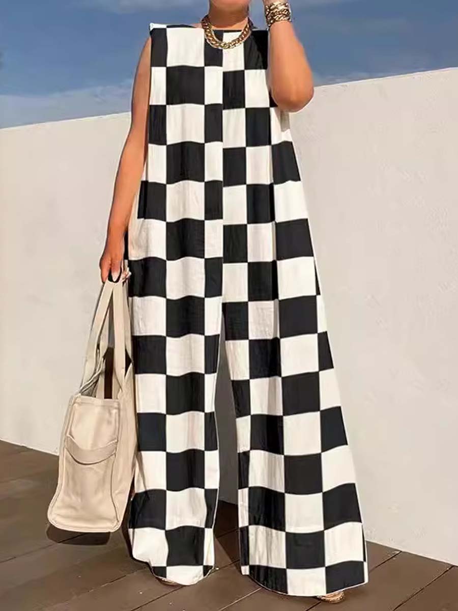 Fashion Check Color Stitching Sleeveless Jumpsuit