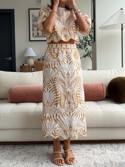 Printed Elbow-length Sleeve Two Pieces Dress