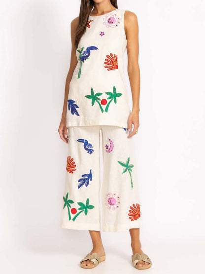 Embroidered Sleeveless Two Pieces Set