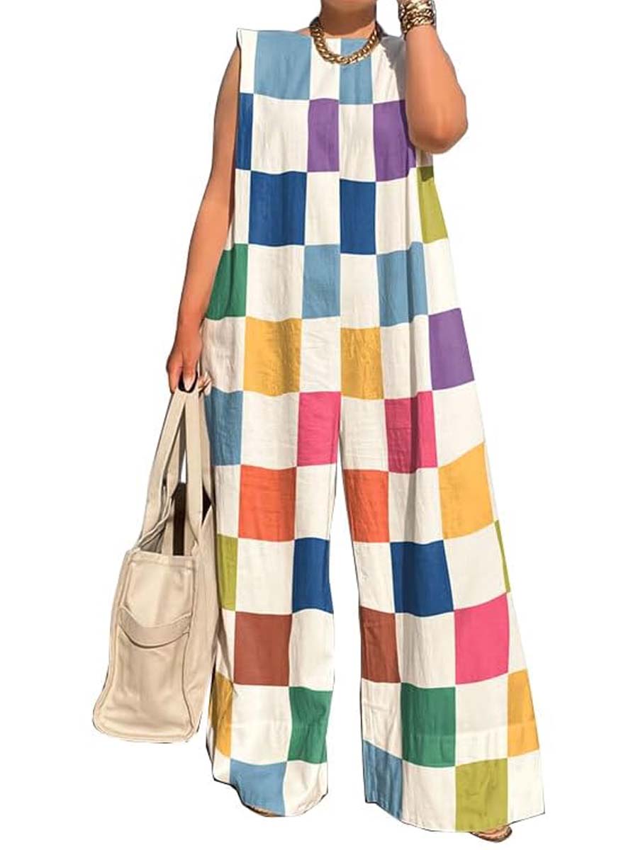 Fashion Check Color Stitching Sleeveless Jumpsuit