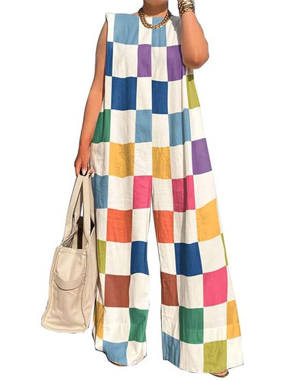 Fashion Check Color Stitching Sleeveless Jumpsuit