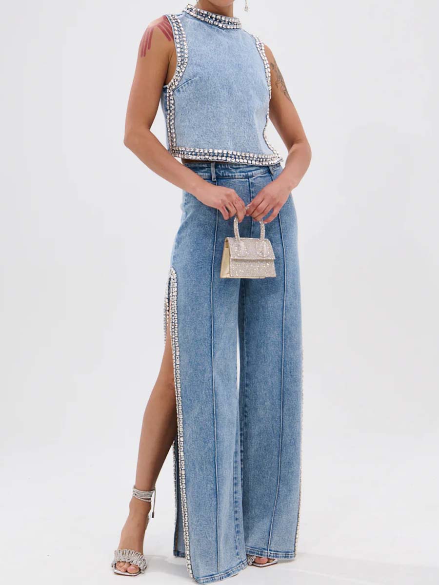 Rhinestone Denim Two Pieces Set