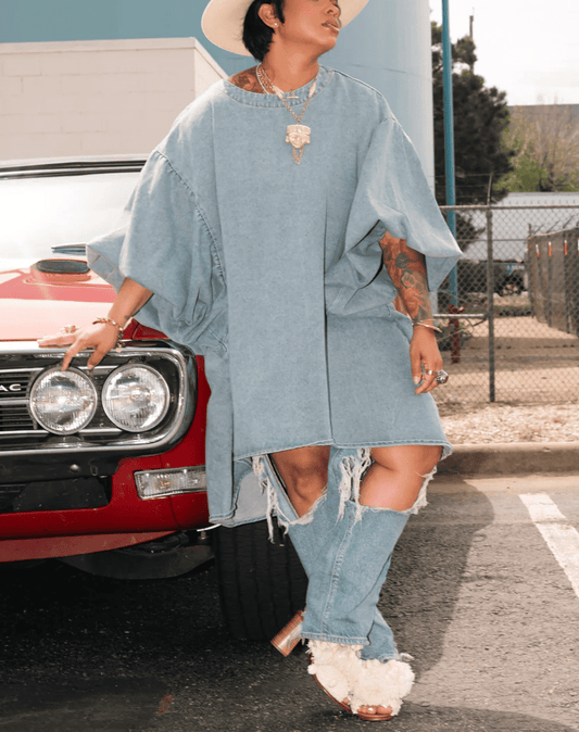 Fashionable Round Neck Oversized Loose Puff Sleeve Top