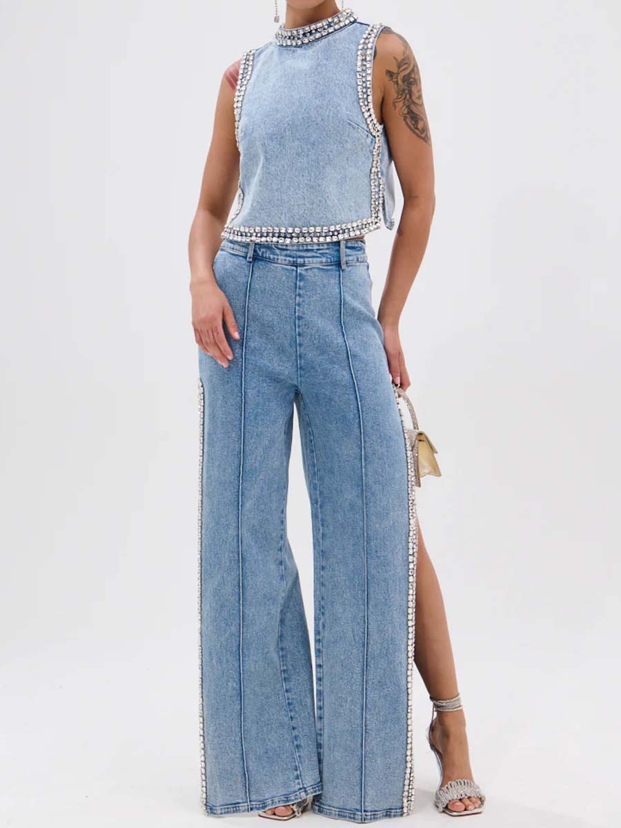 Rhinestone Denim Two Pieces Set