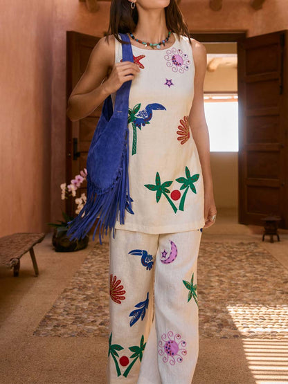 Embroidered Sleeveless Two Pieces Set