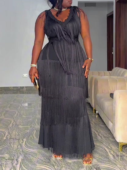 Sleeveless V Neck Tassel Hem Wedding Party Maxi Dress