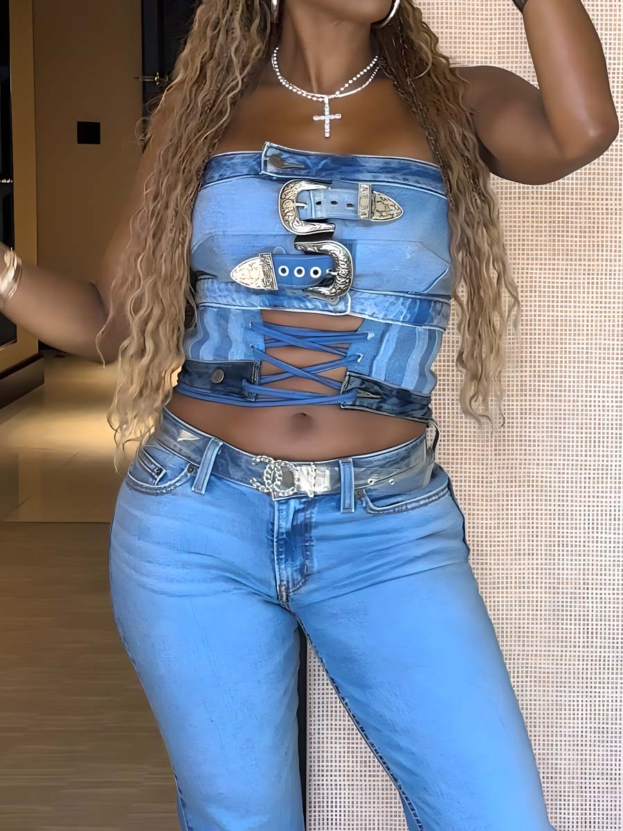 Belt Stitching Strapless Top