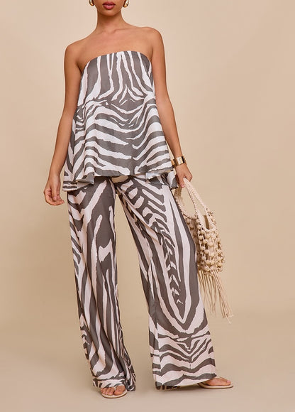 Brown Zebra Print Floaty Bandeau Top & Pant