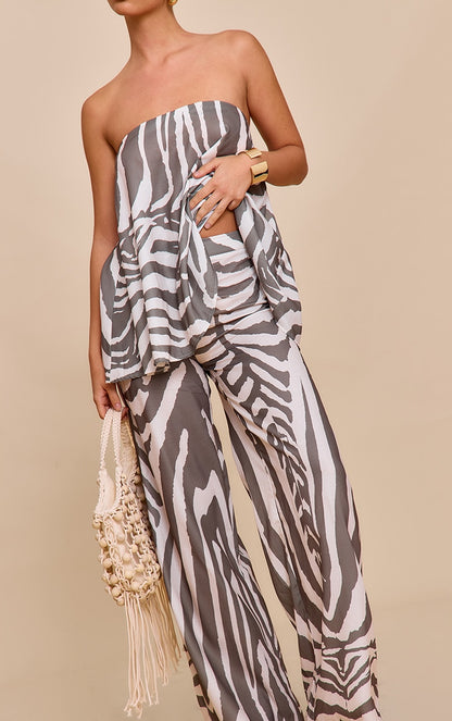 Brown Zebra Print Floaty Bandeau Top & Pant
