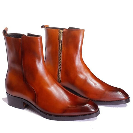 Men's Brown Leather Zip-Up Boots