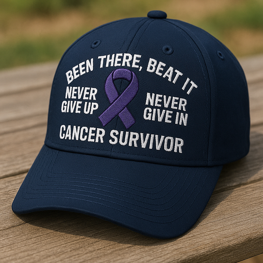 Cancer Survivor Embroidered Hat – "Never Give Up" Purple Ribbon Hat