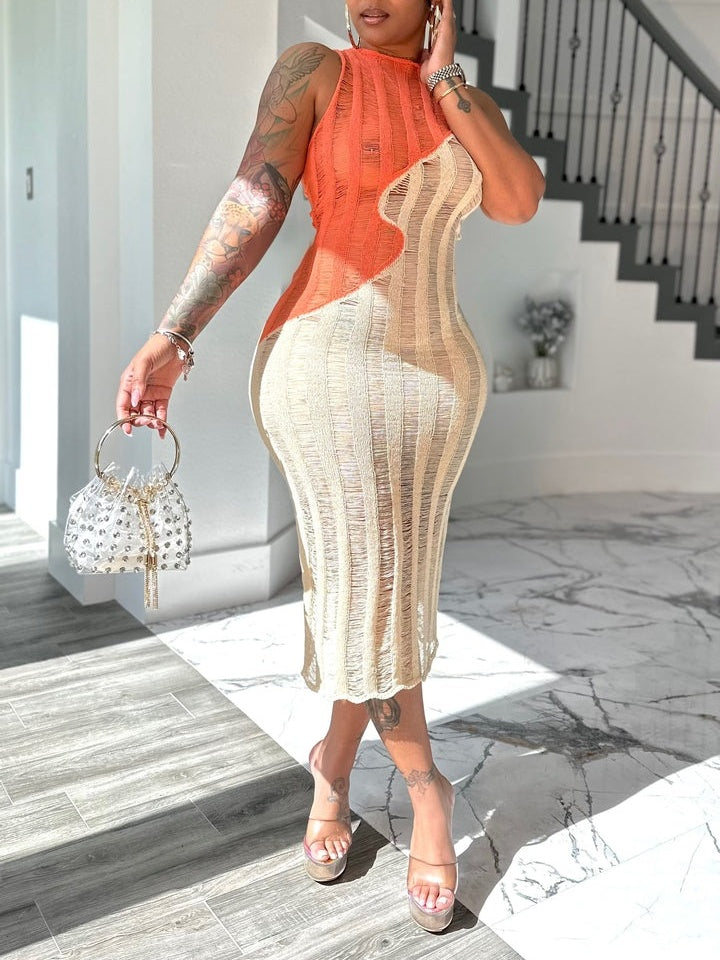 Sleeveless Knitted Hip-wrapped Midi Dress