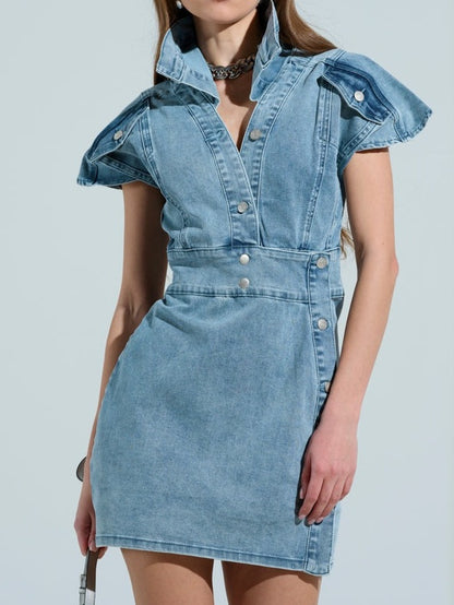 Pointed  Collar Button Denim Mini Dress