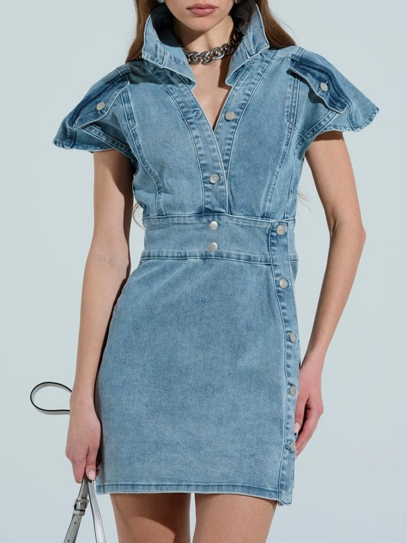 Pointed  Collar Button Denim Mini Dress