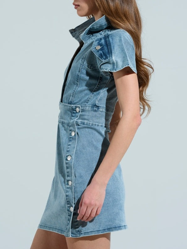 Pointed  Collar Button Denim Mini Dress