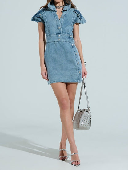 Pointed  Collar Button Denim Mini Dress