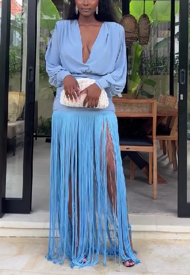 Deep V-neck Long-sleeved Tassel Maxi Dress