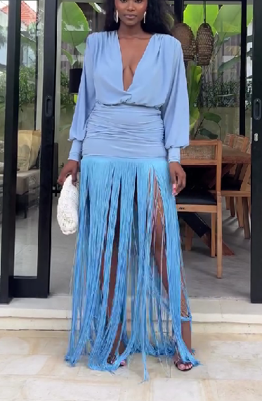 Deep V-neck Long-sleeved Tassel Maxi Dress