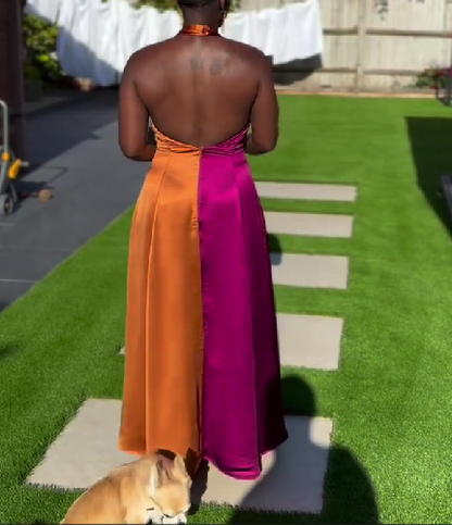 Deep V Halter Neck Sexy Backless Patchwork Dress