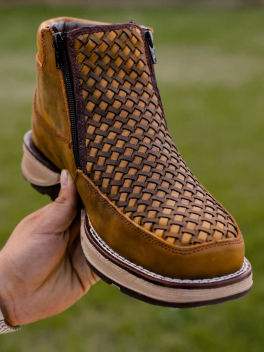 Retro Square Toe Side Zipper Woven Men's Ankle Boots