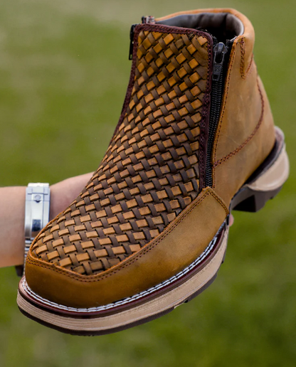 Retro Square Toe Side Zipper Woven Men's Ankle Boots