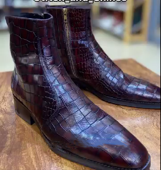 Brown Croco Embossed Toned Leather Ankle Boot