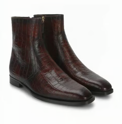 Brown Croco Embossed Toned Leather Ankle Boot