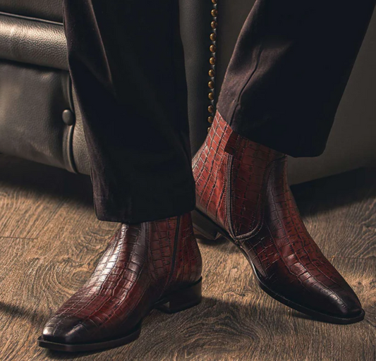 Brown Croco Embossed Toned Leather Ankle Boot