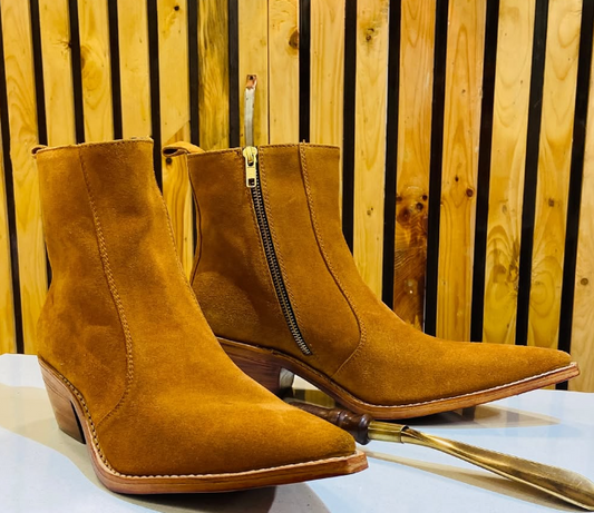 Men's Pointed Toe Nubuck Chunky Heel Ankle Boots