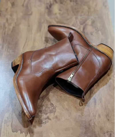 Men's Pointed Toe Western Cowboy Chunky Heel Ankle Boots