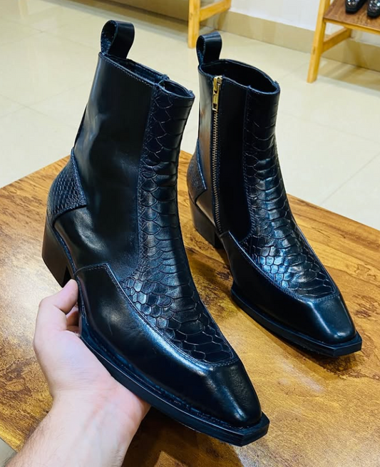 Men's Scale Square Toe Side Zipper Ankle Boots
