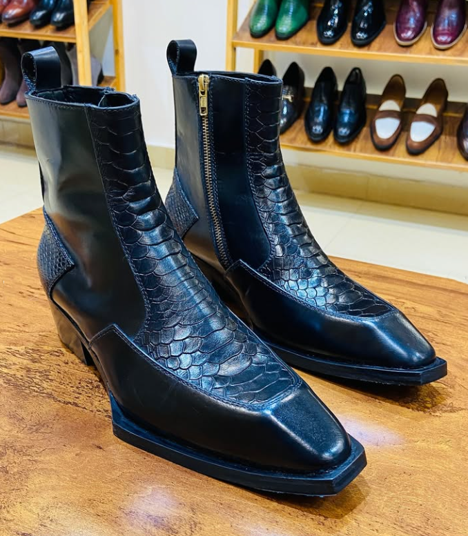 Men's Scale Square Toe Side Zipper Ankle Boots