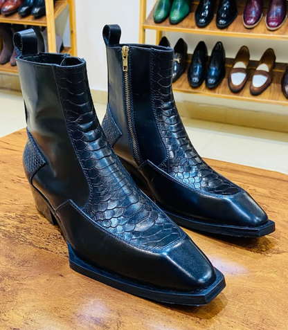 Men's Scale Square Toe Side Zipper Ankle Boots
