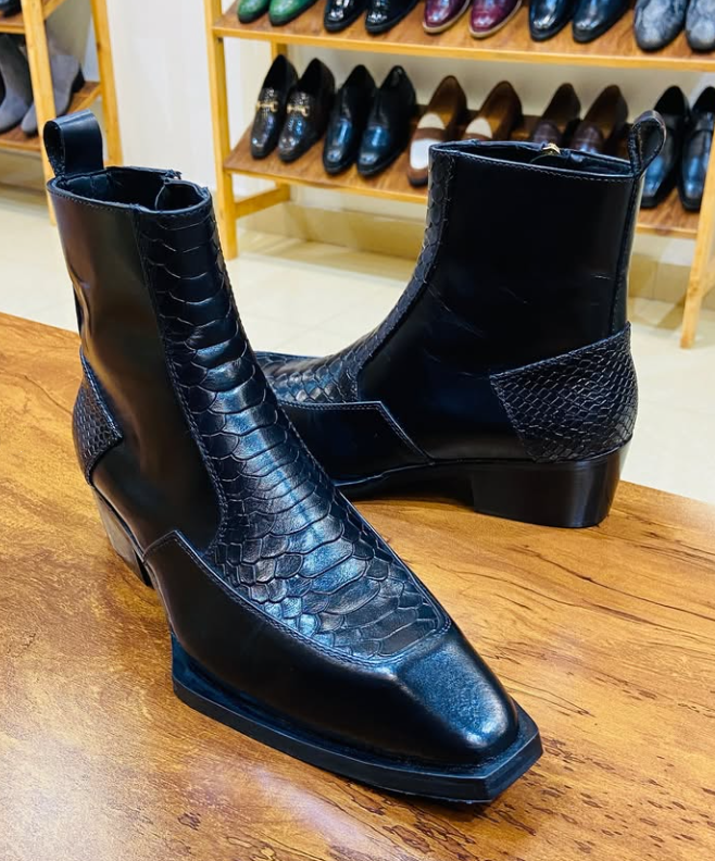 Men's Scale Square Toe Side Zipper Ankle Boots