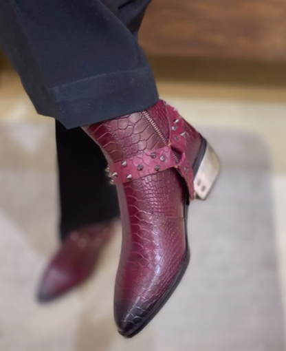 Men's Studded Pointed Leather Ankle Boots