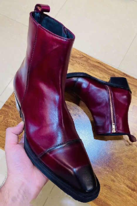 Men's Burgundy Square Toe Side Zipper Leather Ankle Boots