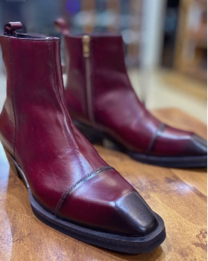 Men's Burgundy Square Toe Side Zipper Leather Ankle Boots