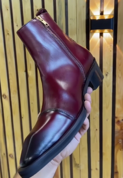 Men's Burgundy Square Toe Side Zipper Leather Ankle Boots