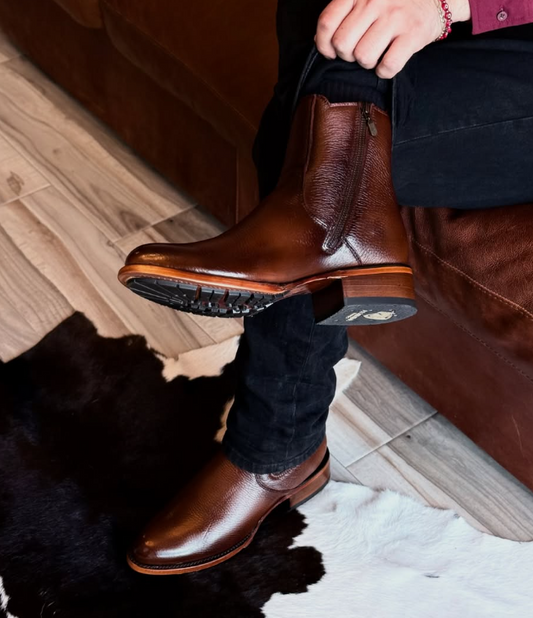 Men's Round Toe Side Zip Stretch Leather Cowboy Boots