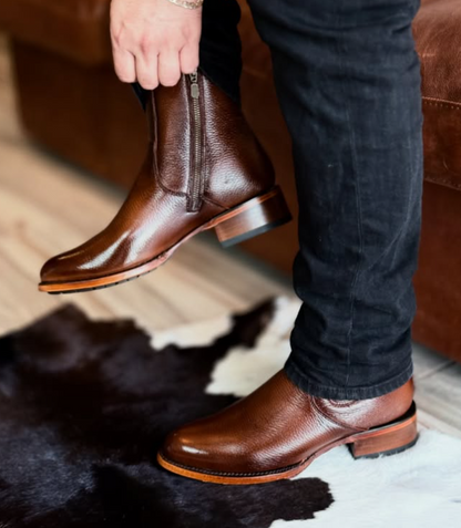 Men's Round Toe Side Zip Stretch Leather Cowboy Boots