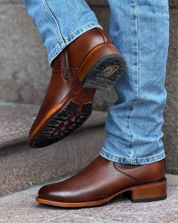 Men's Round Toe Side Zip Stretch Leather Cowboy Boots